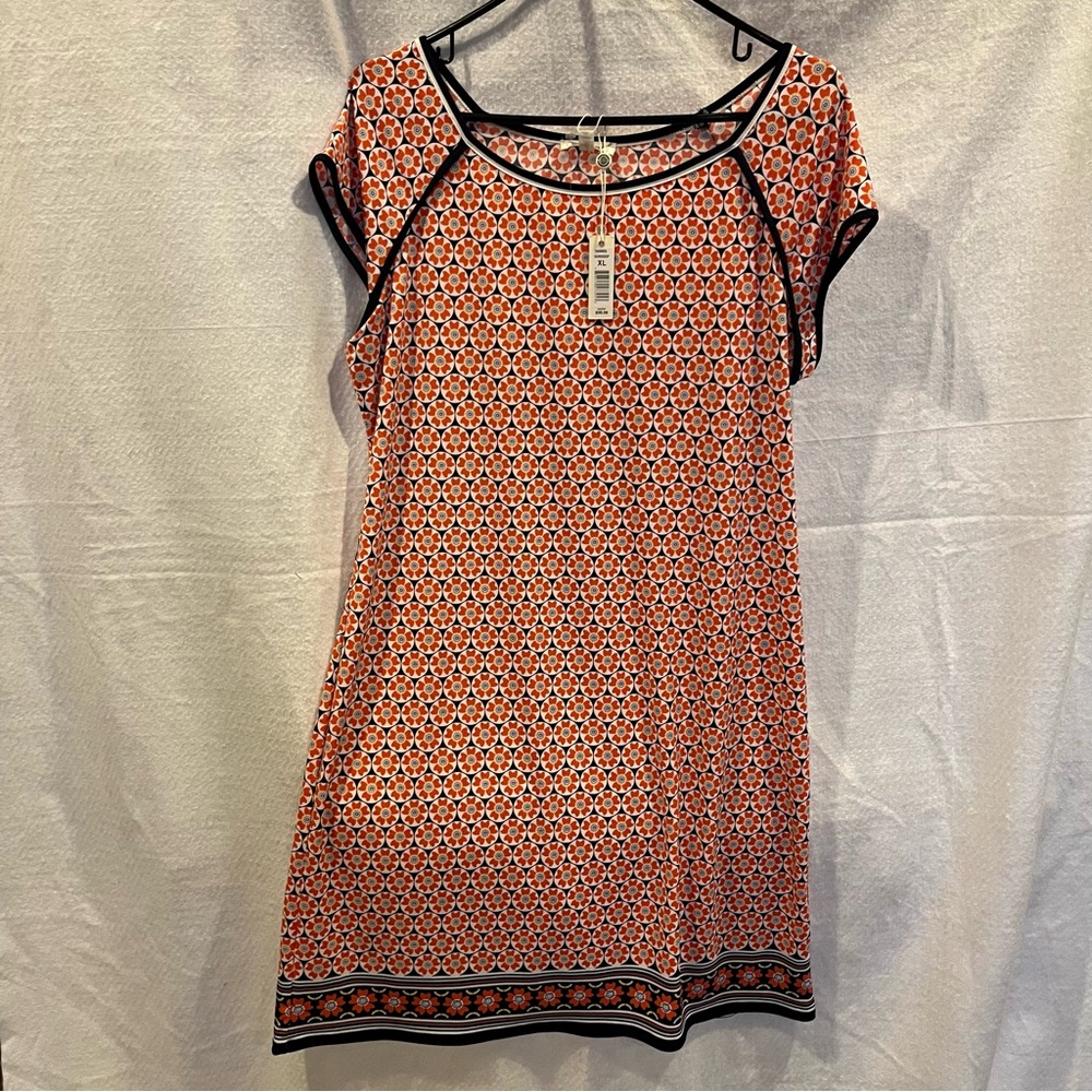 Max Studio Orange/Black Dress XL NWT short cap sleeve, pull on, border print
